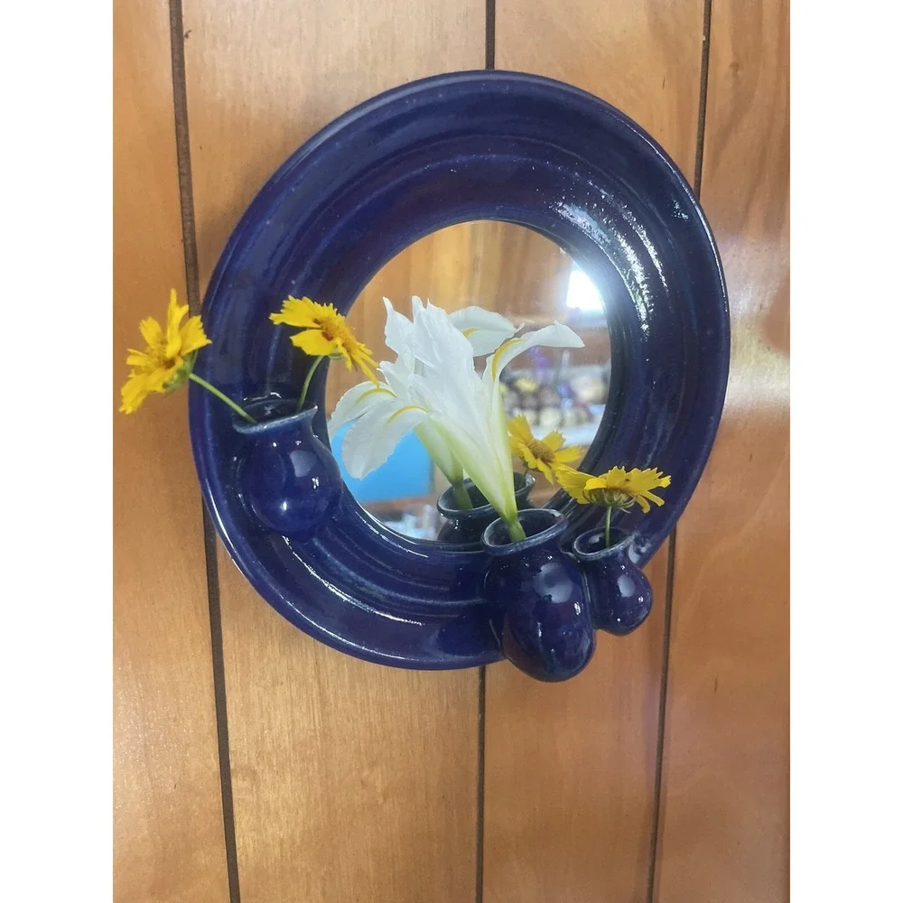 One Of A Kind - Artisan Made - Ceramic Framed Mirror With Trio Of Ceramic Vases‎